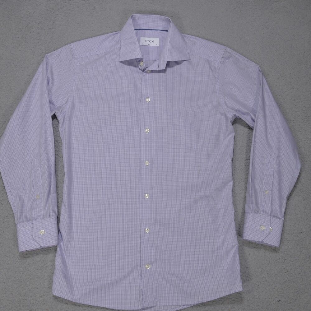 Eton Dress Shirt Mens 15 Slim Blue Pink Plaid Long Sleeve - Picture 7 of 15